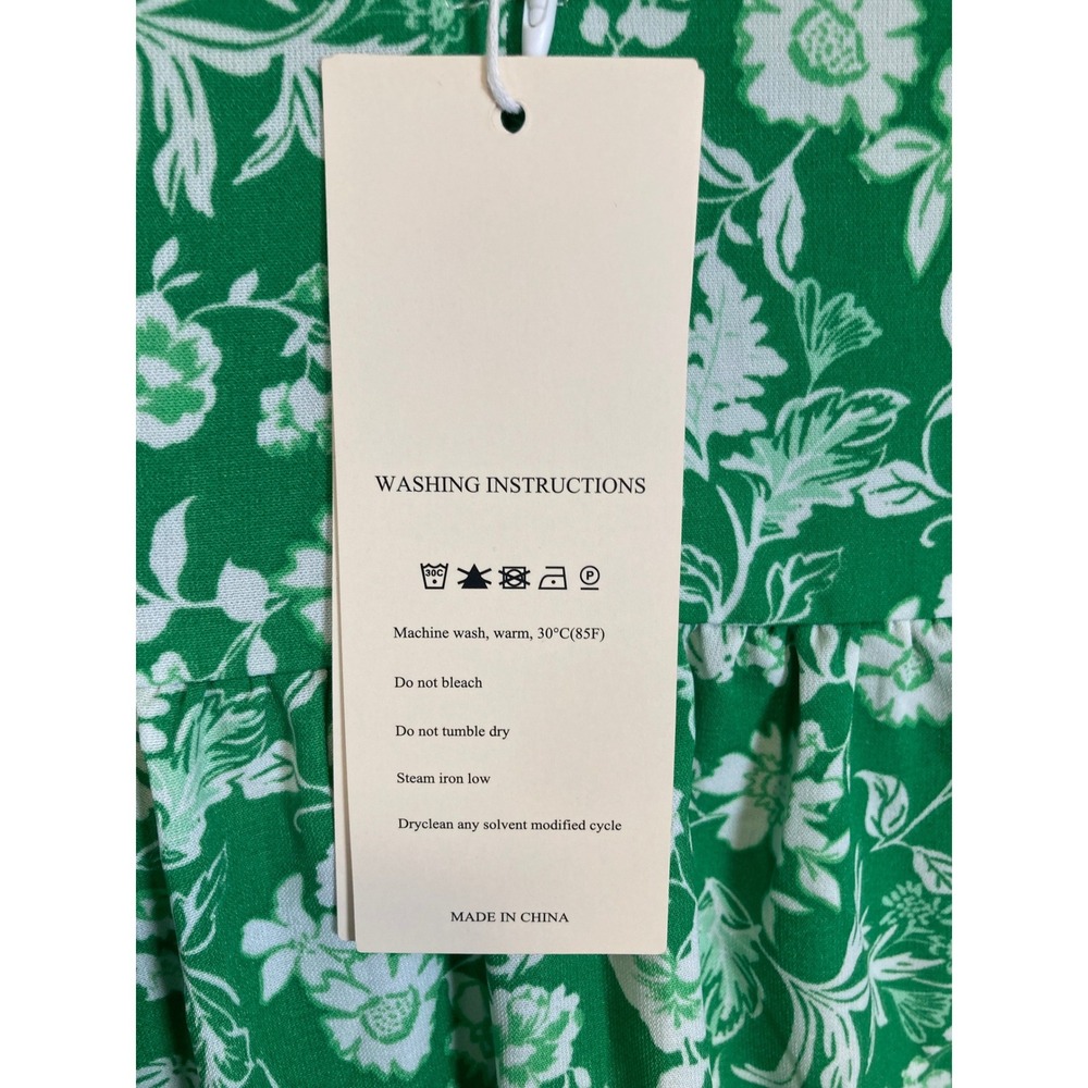 Cottagecore Dokotoo Women Large Green White Floral Puff Sleeve V-Neck Mini Dress - Picture 13 of 14